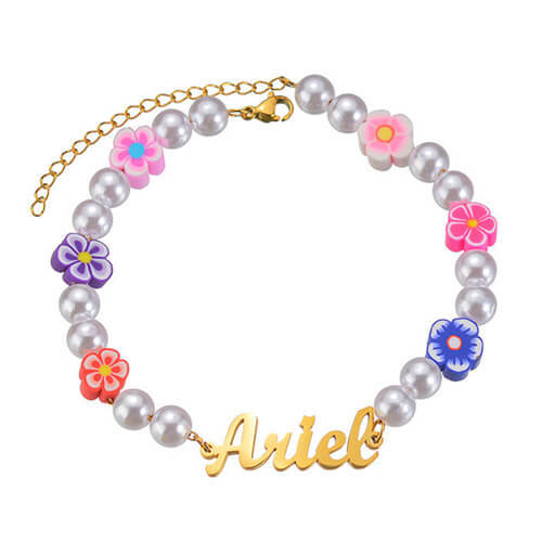 Personalized flower resin pearl beaded chain jewelry wholesale custom stainless steel name plate bracelet for children bulk